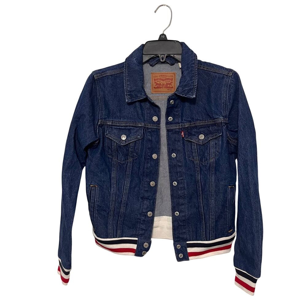 Levis Trucker Jacket Womens Small Blue Jean Varsity Blockette Stripe Trim Retro